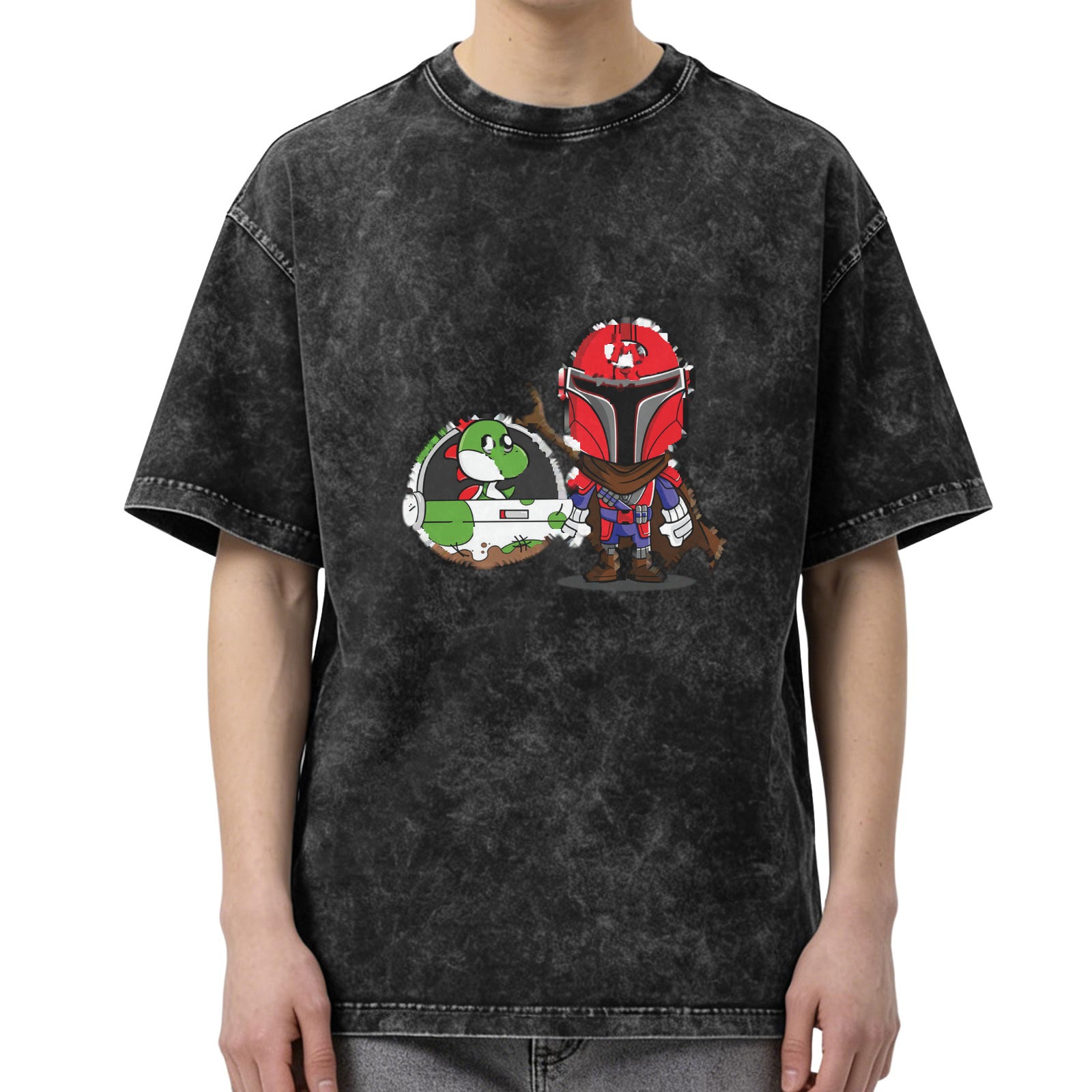 Retro washed black short-sleeved T-shirt, cartoon and anime co-branded print, loose casual top
