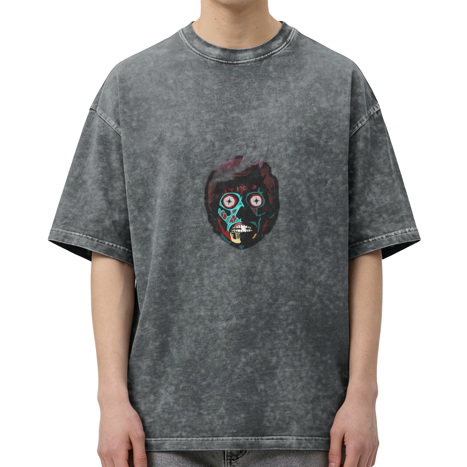 Washed Black Oversized T-Shirt With Graphic Skull Print