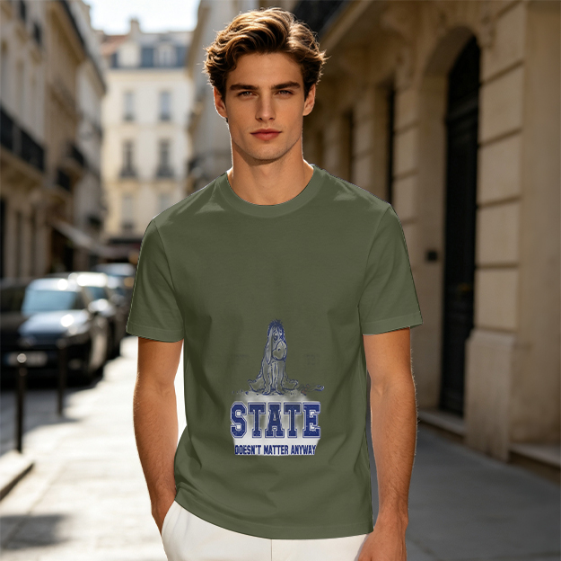 Olive Graphic T-Shirt With 'STATE Doesn't Matter Anyway' Text And Hound Dog Art