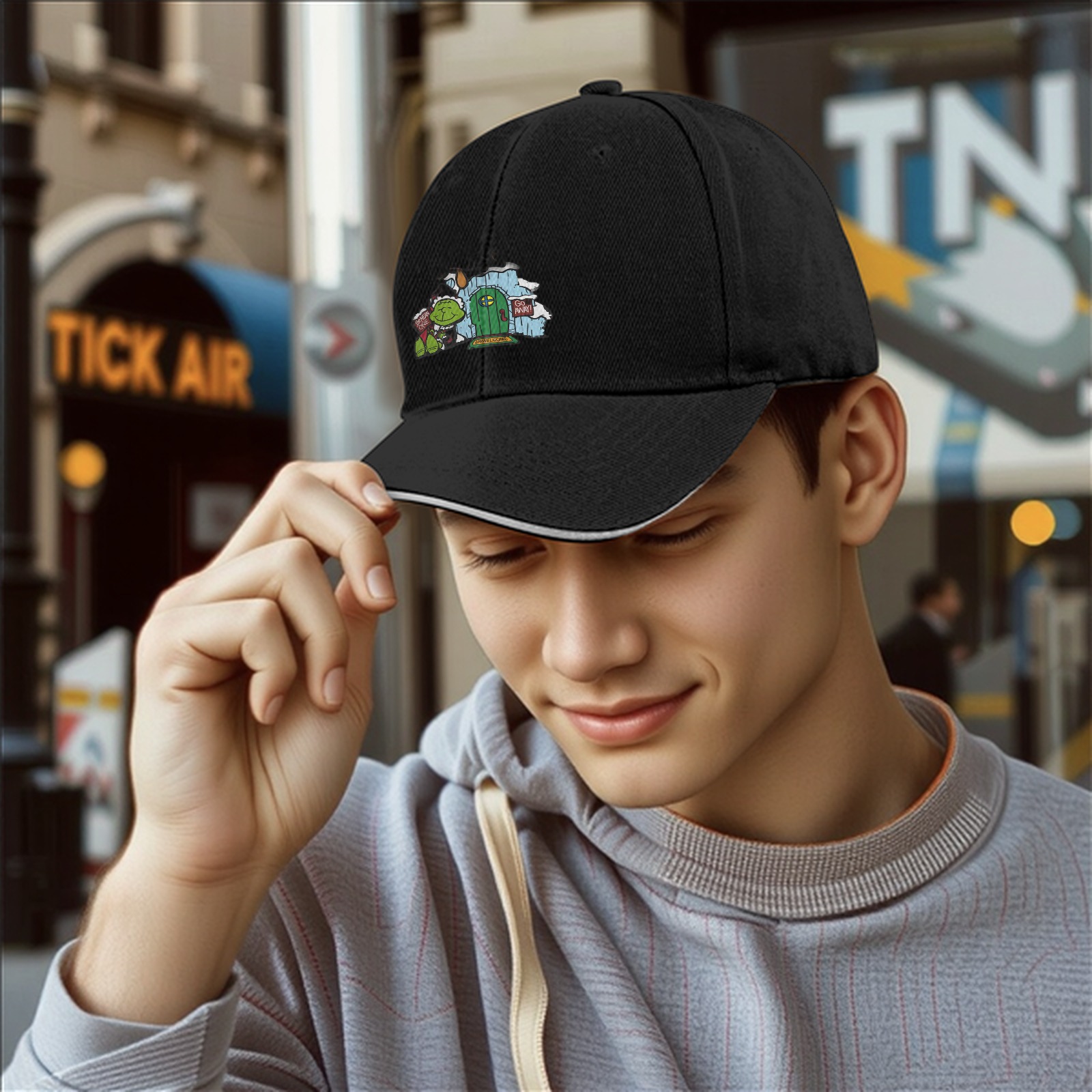 Black baseball cap with Grinch-themed holiday door print