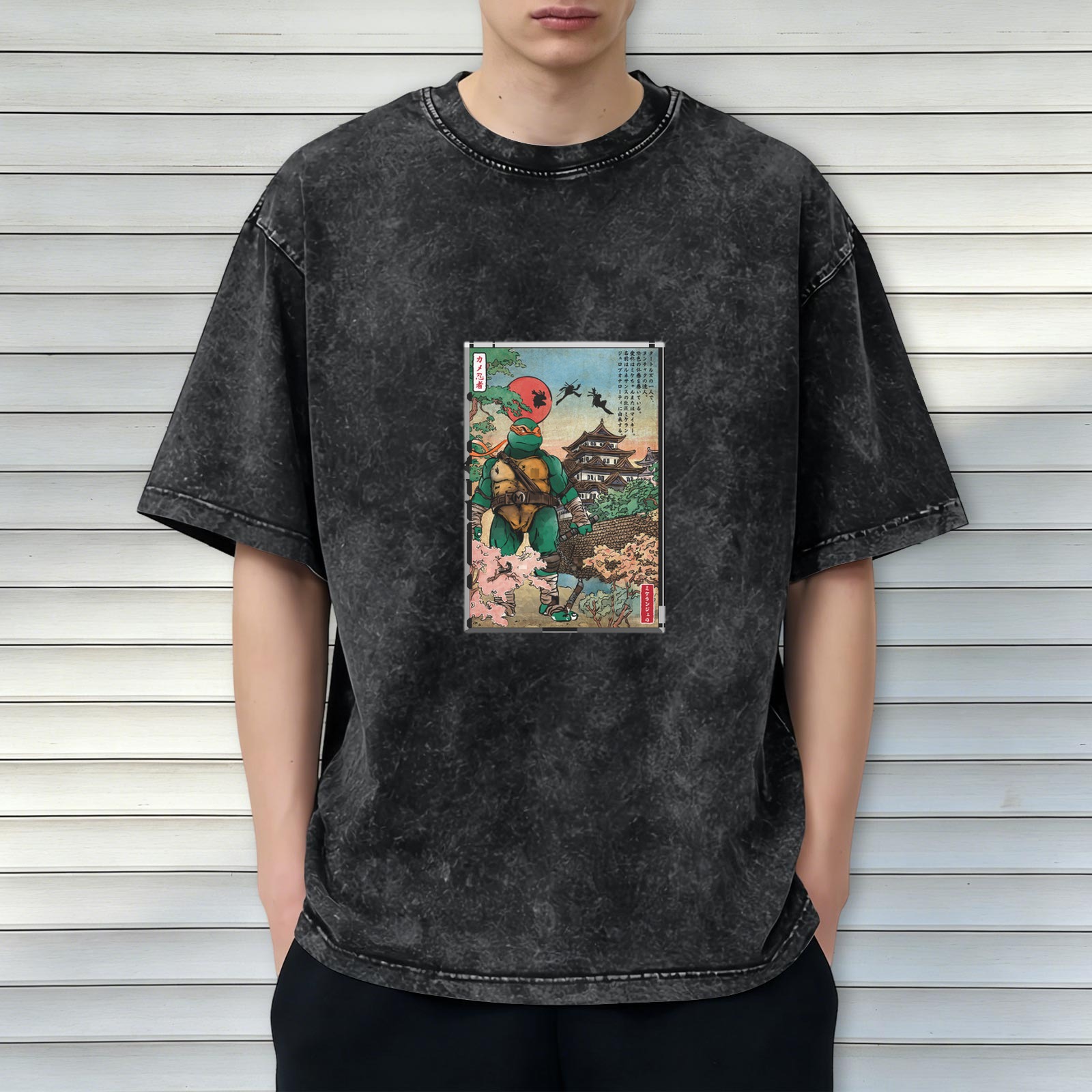 Washed black t-shirt with ninja turtle ukiyo-e style graphic