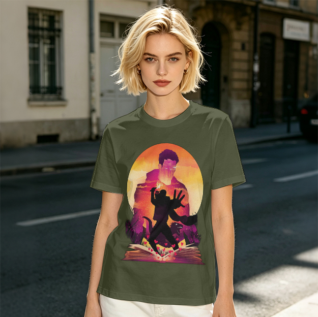 Olive T-Shirt With Fantasy Sunset Silhouette Graphic Print