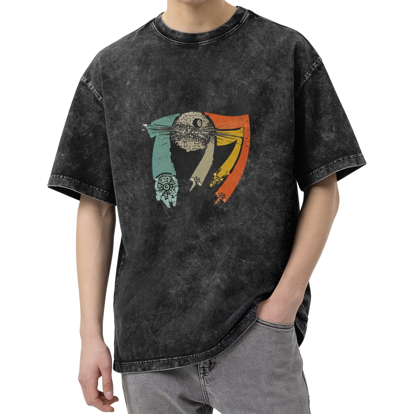 Distressed black Star Wars themed printed short-sleeved T-shirt