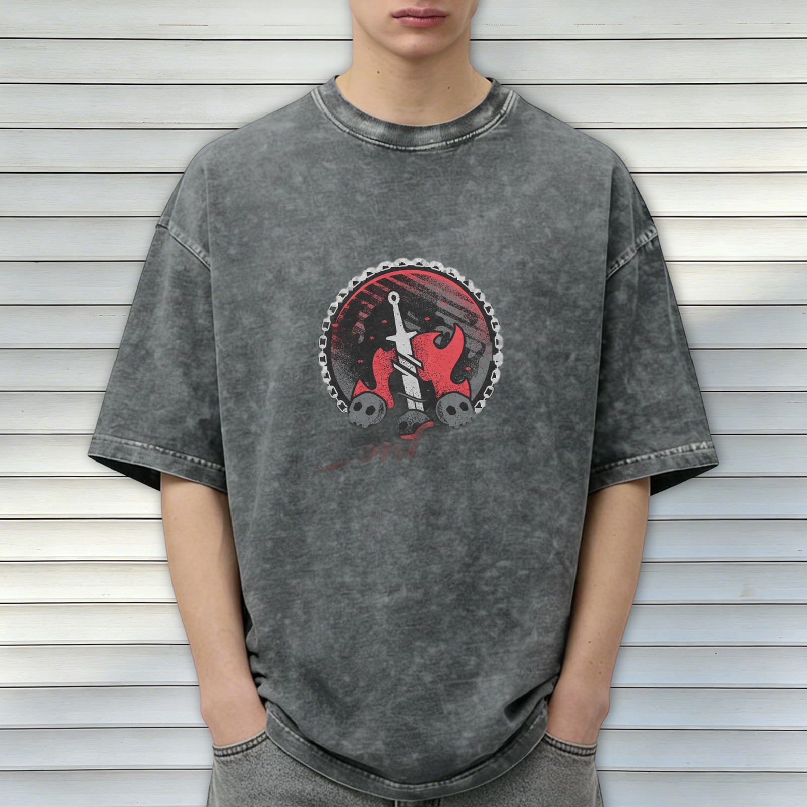 Oversized Acid Wash T-Shirt With Gothic Sword Skull Flame Graphic