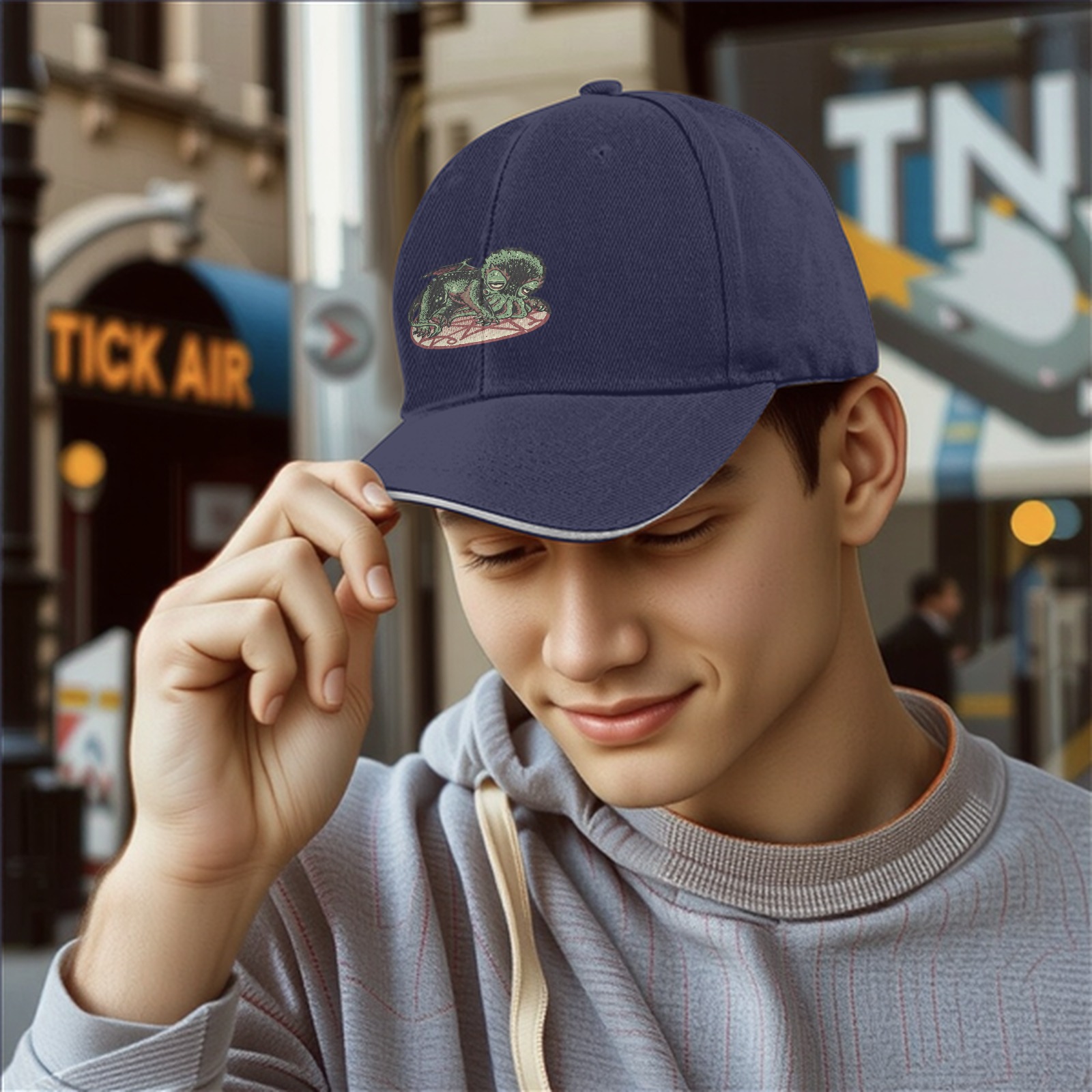 Black baseball cap with sleeping Cthulhu on occult symbol