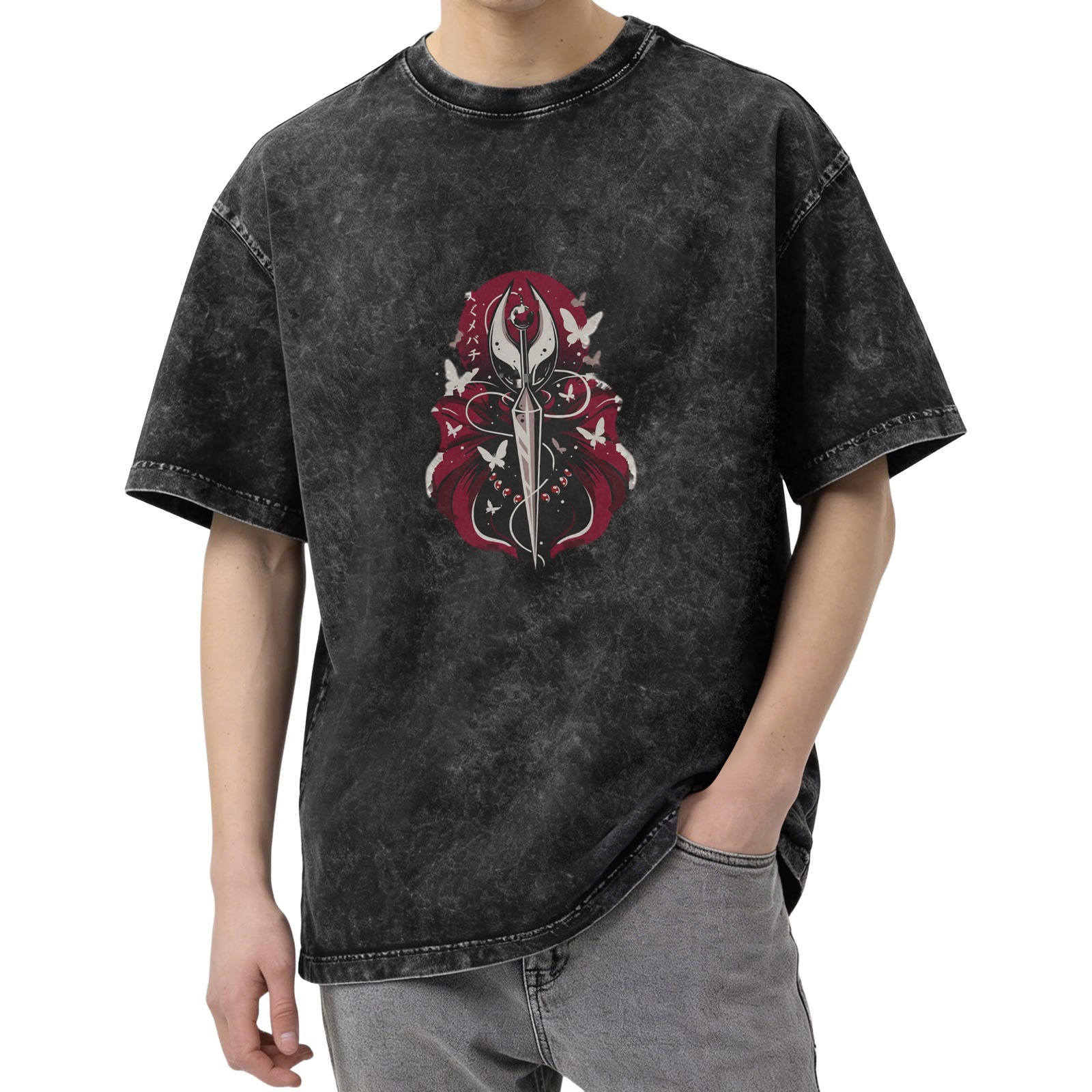 Washed Black T-Shirt With Fantasy Sword And Butterfly Graphic