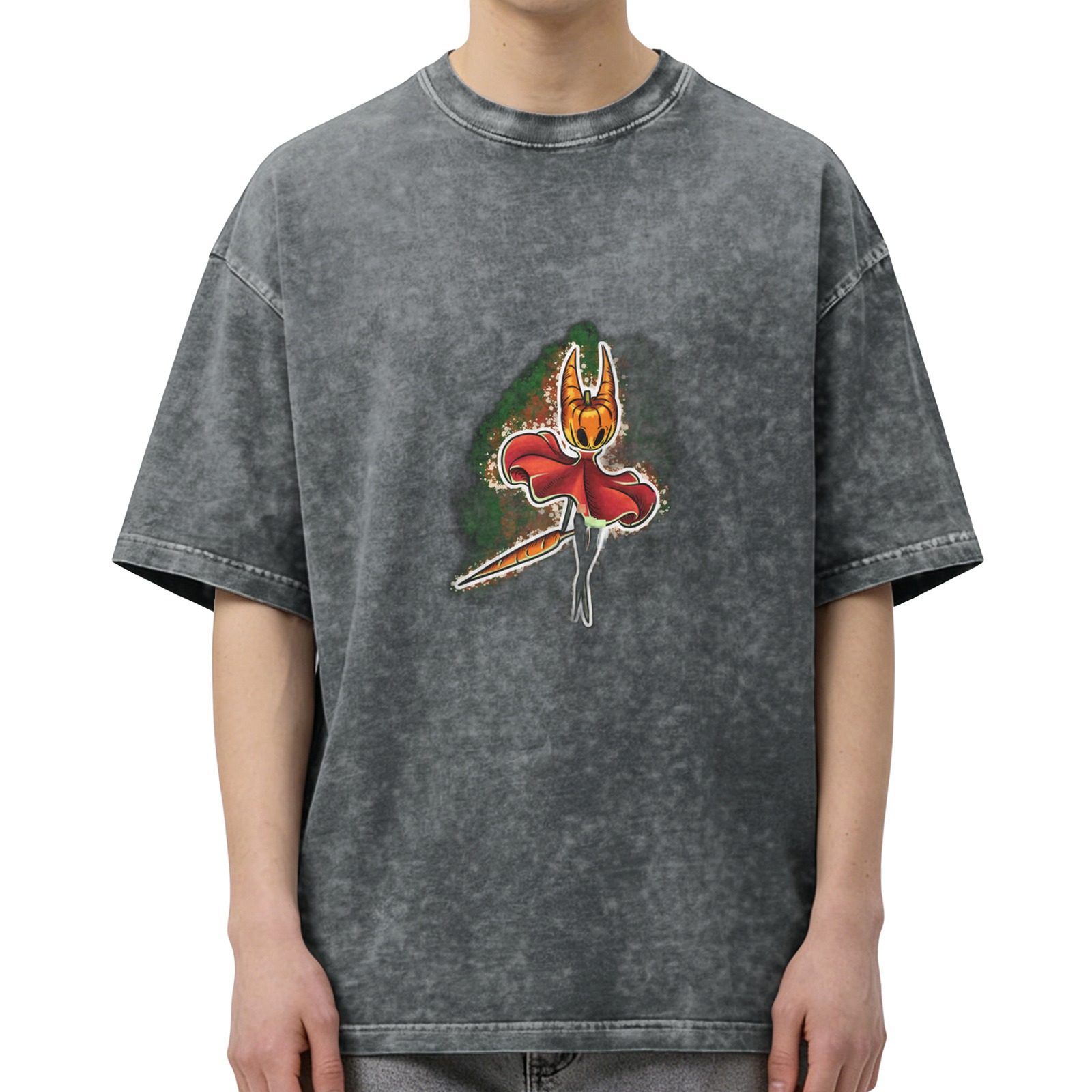 Washed Black T-Shirt with Pumpkin Horned Character Graphic