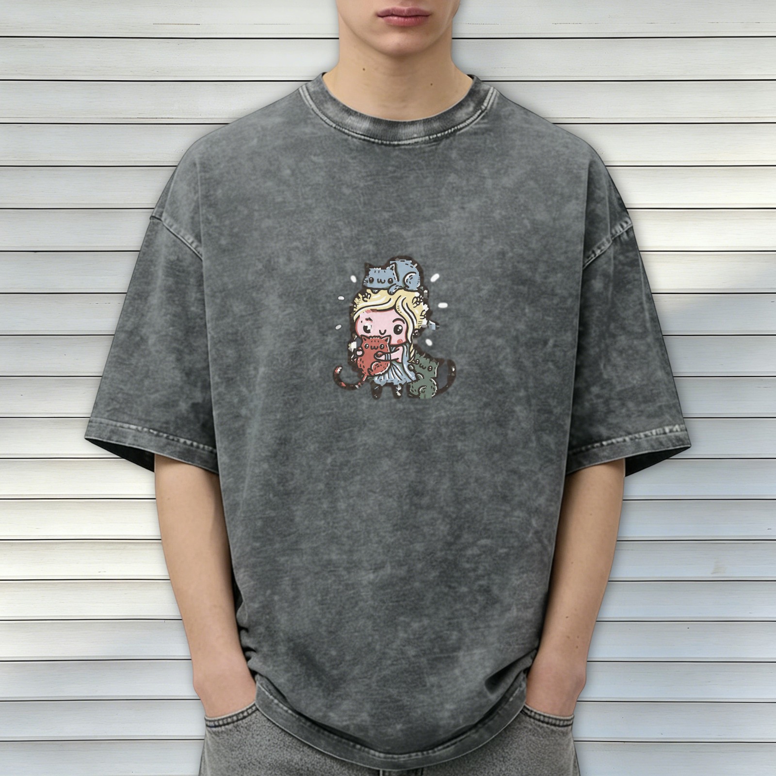 Oversized Dark Wash T-Shirt With Cute Cartoon Girl And Cats Print