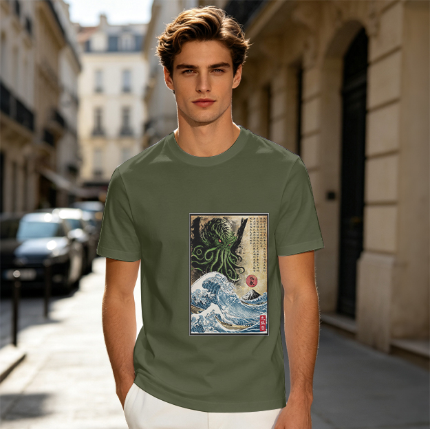 Olive T-shirt with Cthulhu Great Wave Japanese Art Print