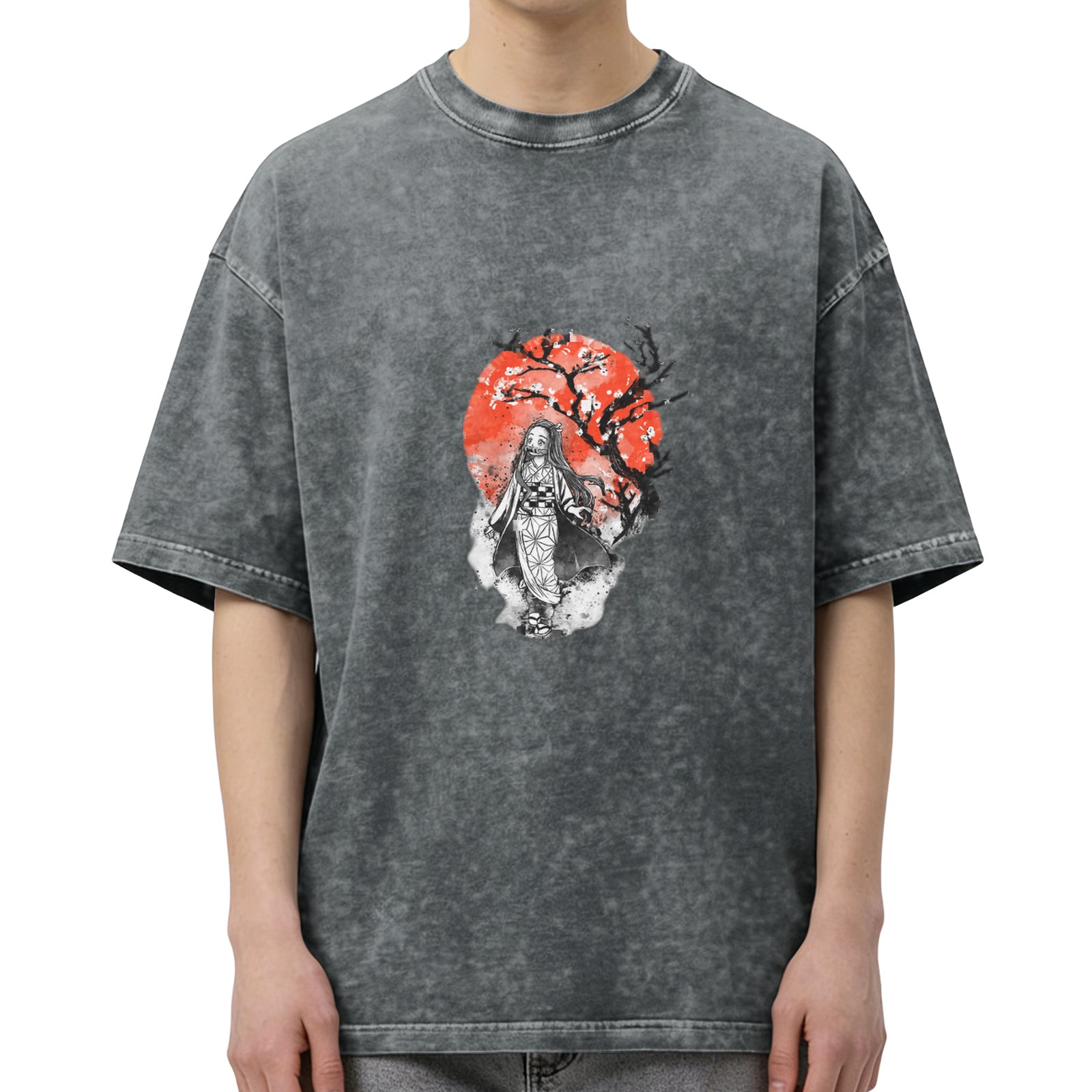 Oversized Vintage Wash Anime Graphic T-Shirt featuring Nezuko Kamado with Red Sun and Cherry Blossom Tree Design