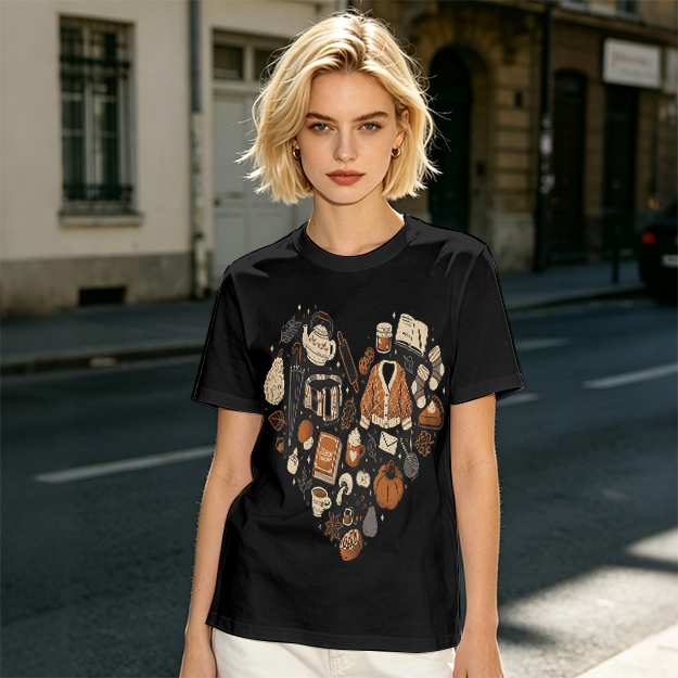 Olive Green T-Shirt With Fall Themed Heart Shaped Graphic