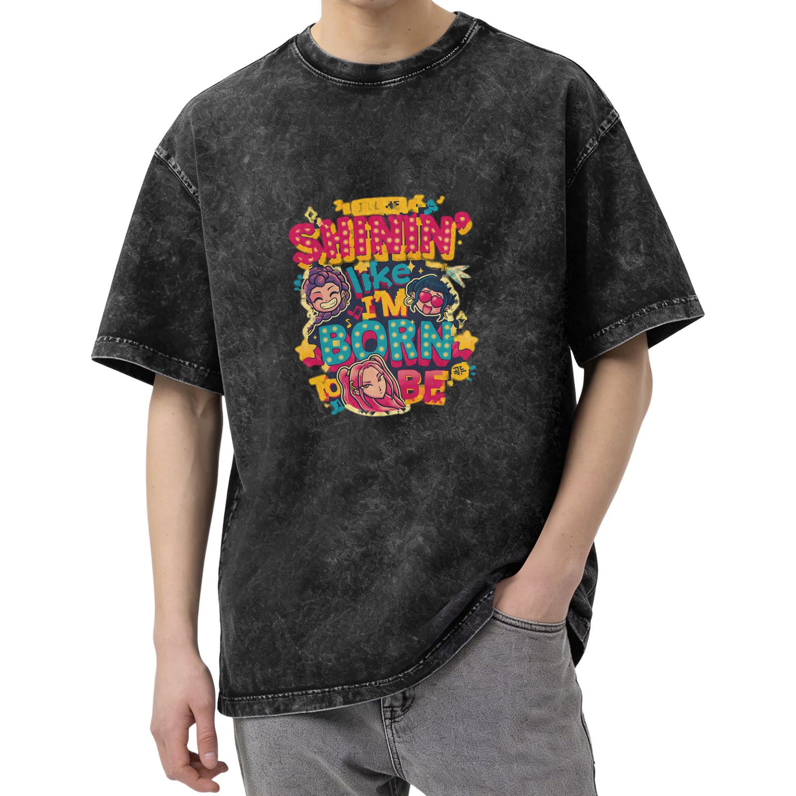 oversized washed black graphic t-shirt with shinin like im born to be print
