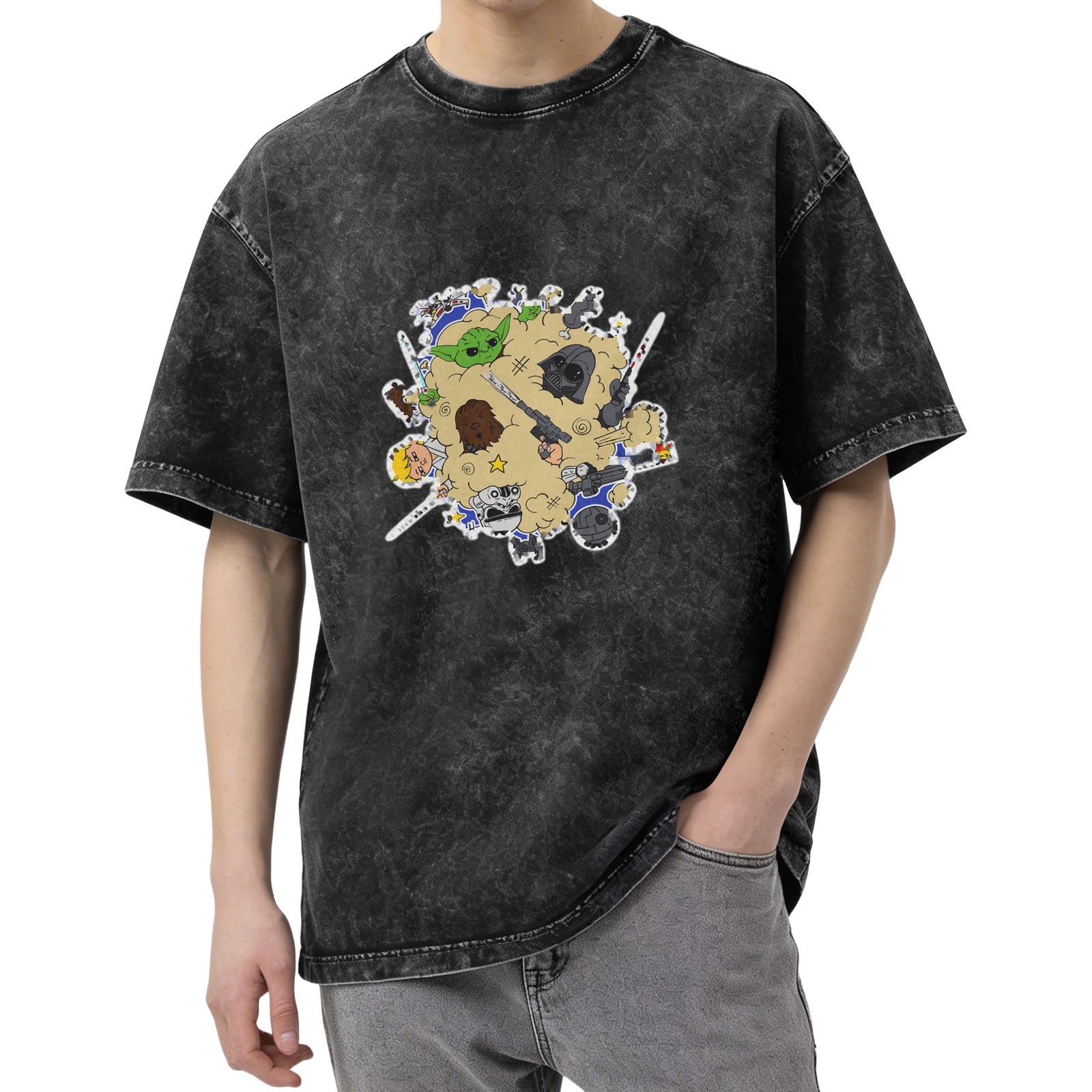 Washed Black T-Shirt With Cute Star Wars Character Collage Print