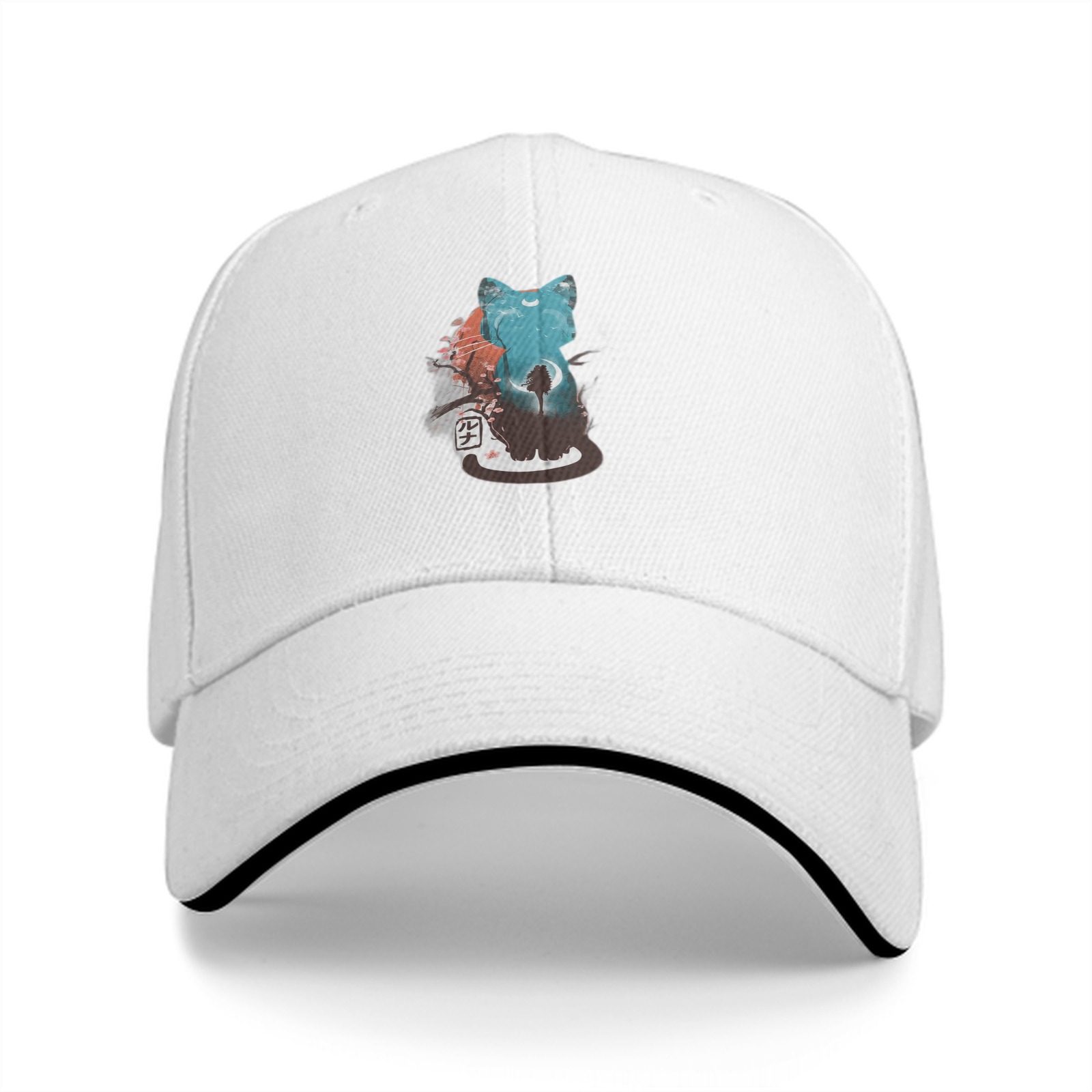 Black baseball cap with artistic cat graphic design