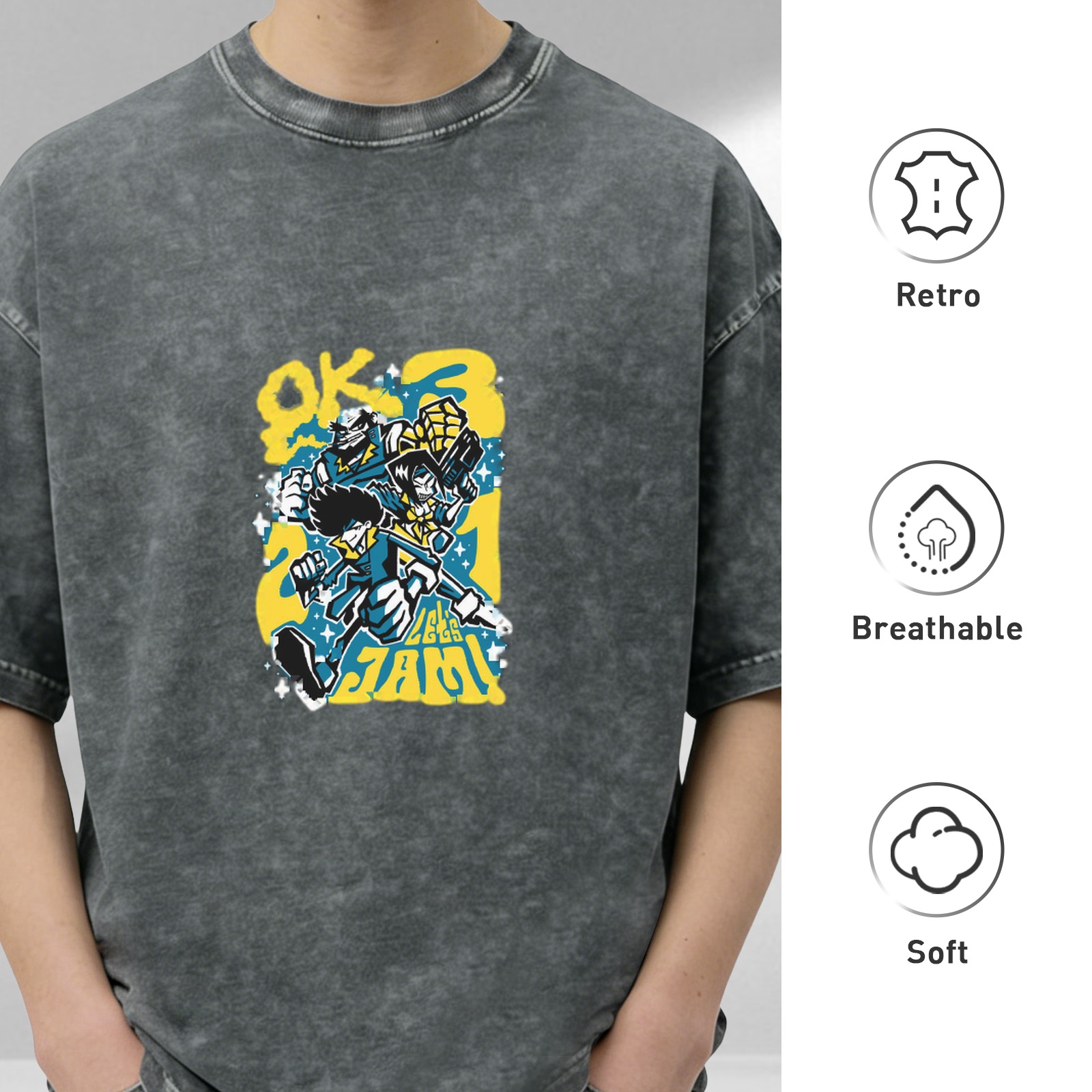 Distressed washed black loose short-sleeved T-shirt with cartoon animation style pattern and the words 