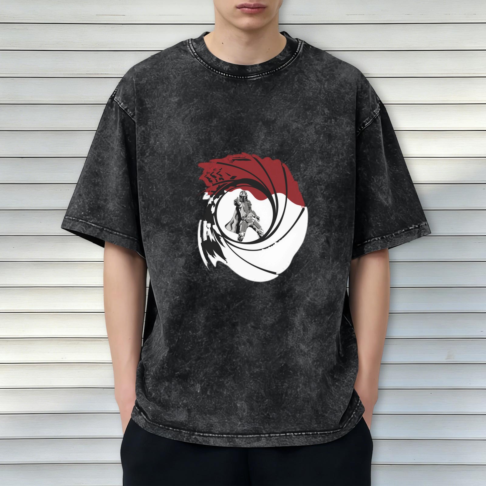 Distressed black round neck short-sleeved T-shirt with secret agent theme gun barrel pattern print