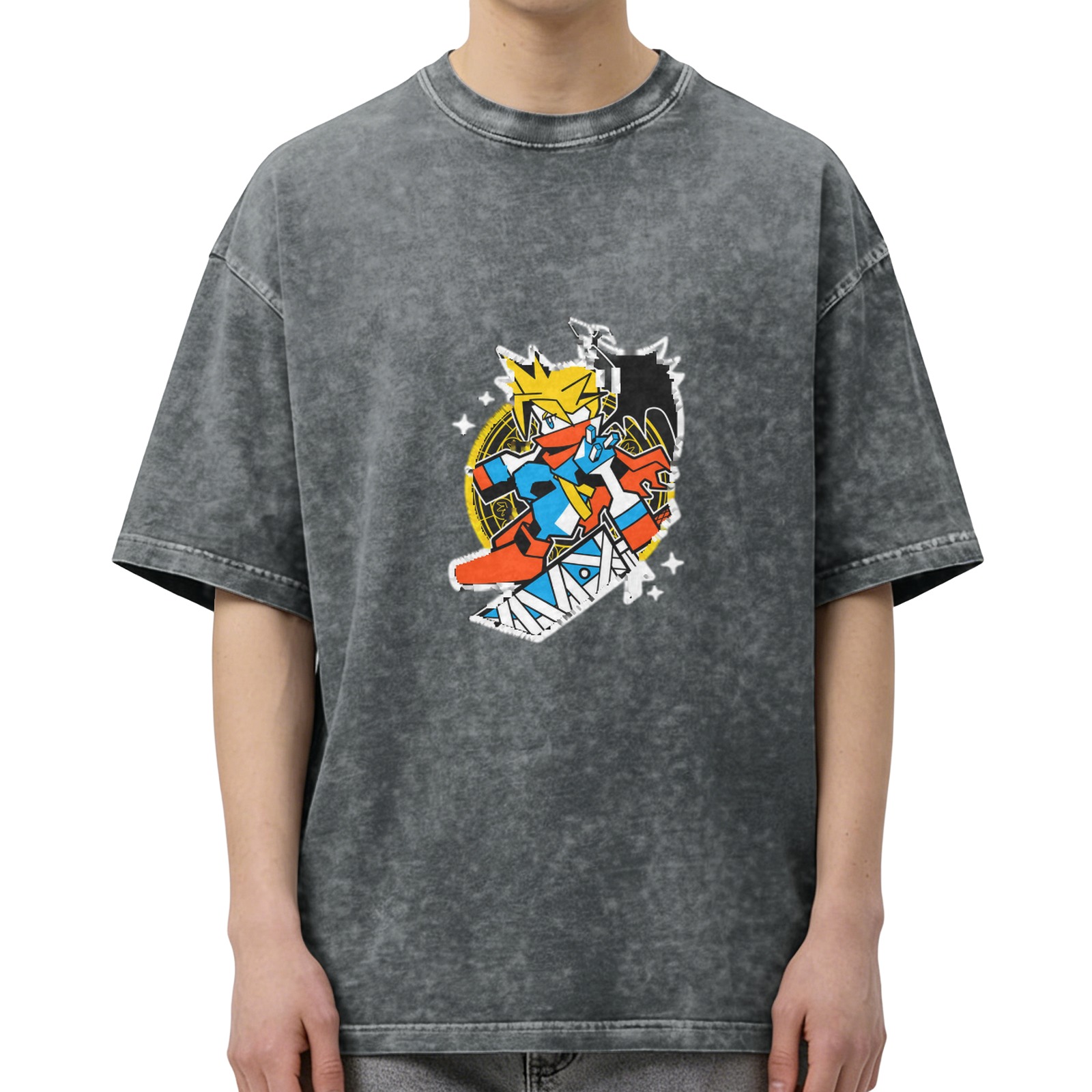 Washed black oversized t-shirt with anime-style graphic print