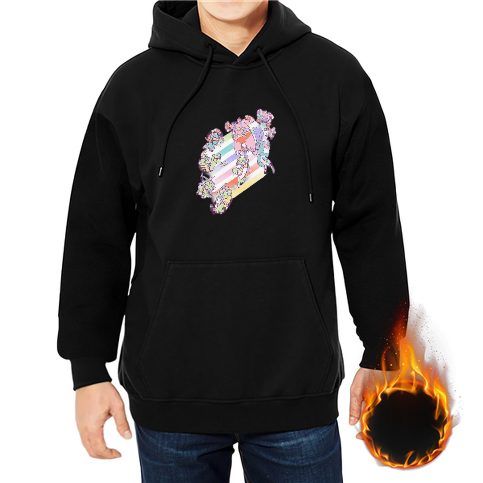 Black Hoodie With Pastel Anime Character Graphic Print