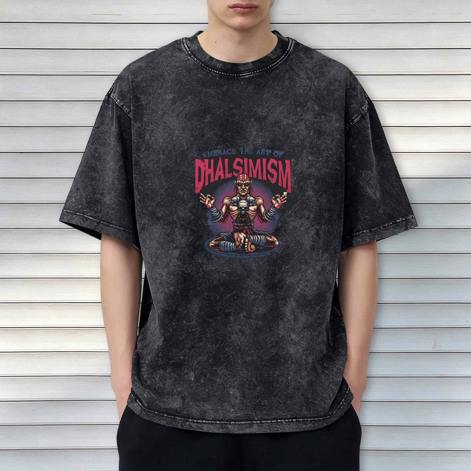 Vintage Dark Wash T-Shirt With Dhalsimism Graphic Design
