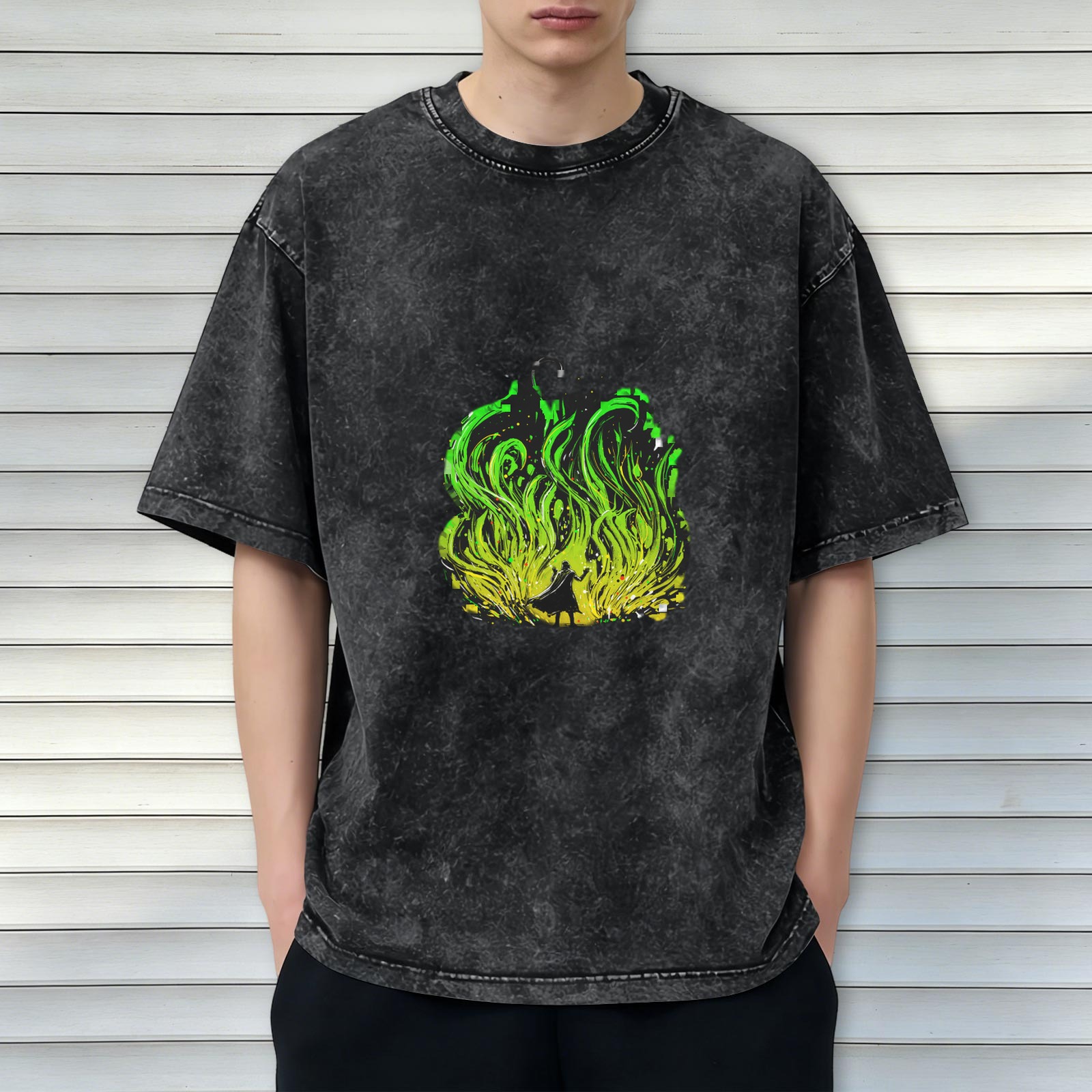 Oversized Acid Wash T-Shirt With Green Flame Silhouette Print
