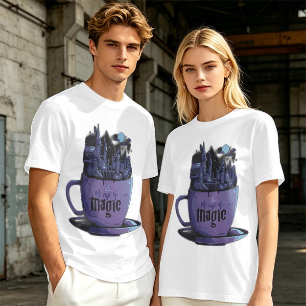 Olive T-Shirt With Teacup Holding Magical Castle Artwork