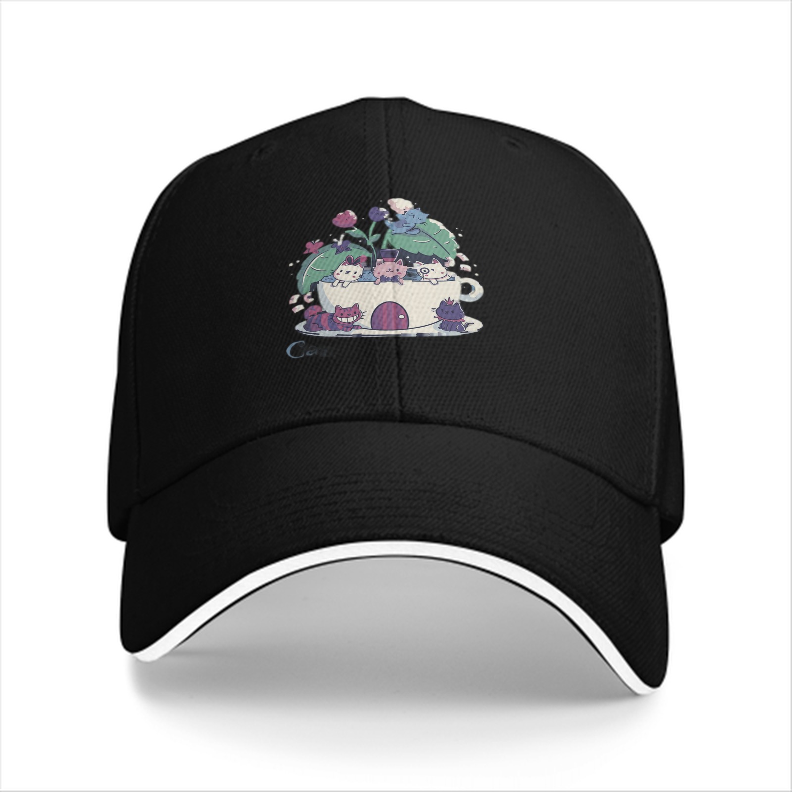 Black Baseball Cap With Cute Teacup Kittens Graphic