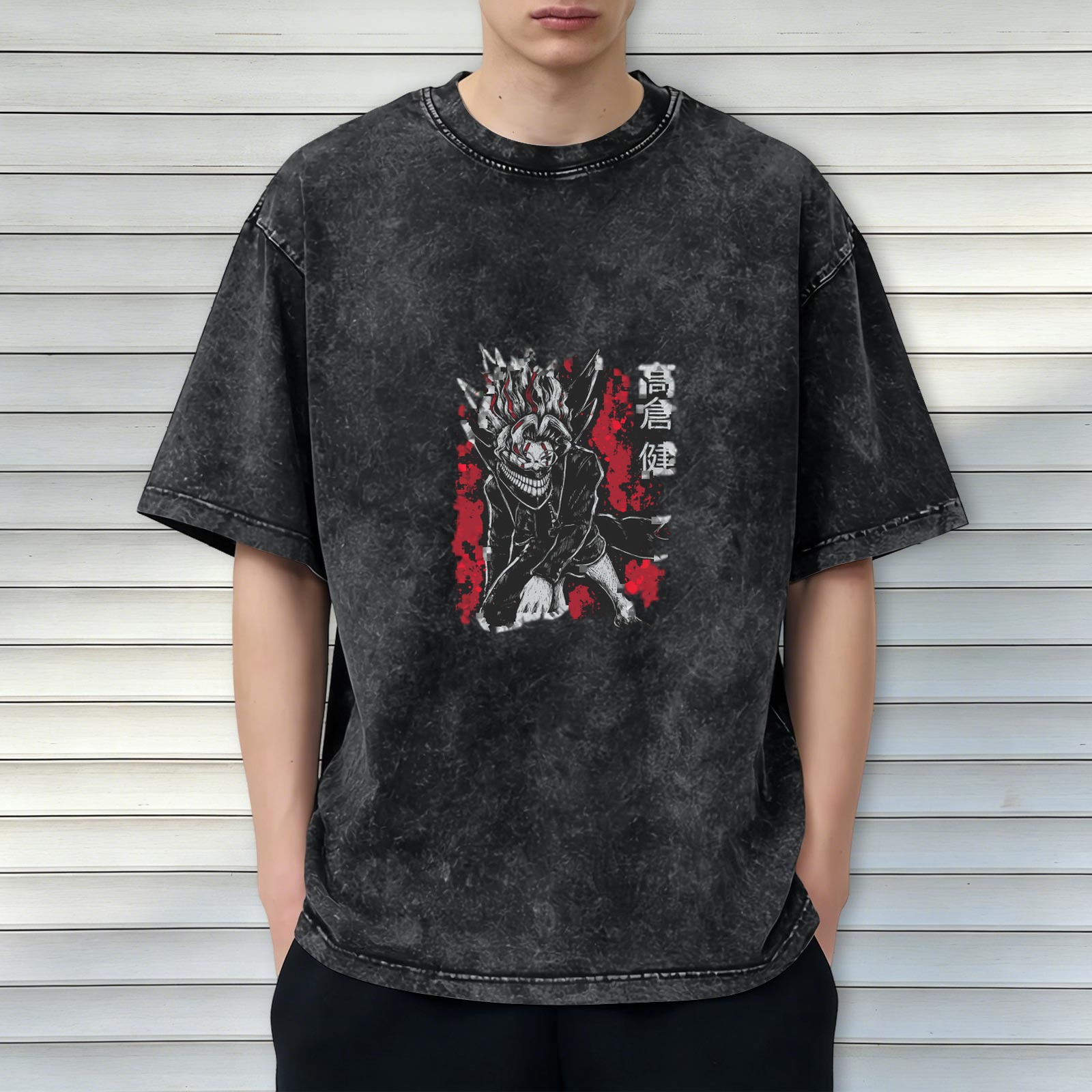 Takakura Ken anime print distressed washed short-sleeved T-shirt street style oversize round neck top