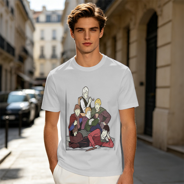Olive T-shirt with Group of Fantasy Characters Graphic Print