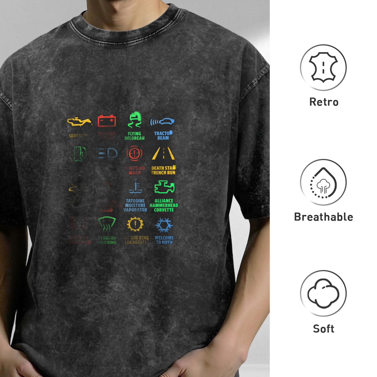 Star Wars Car Dashboard Warning Icons Graphic Acid Wash T-Shirt