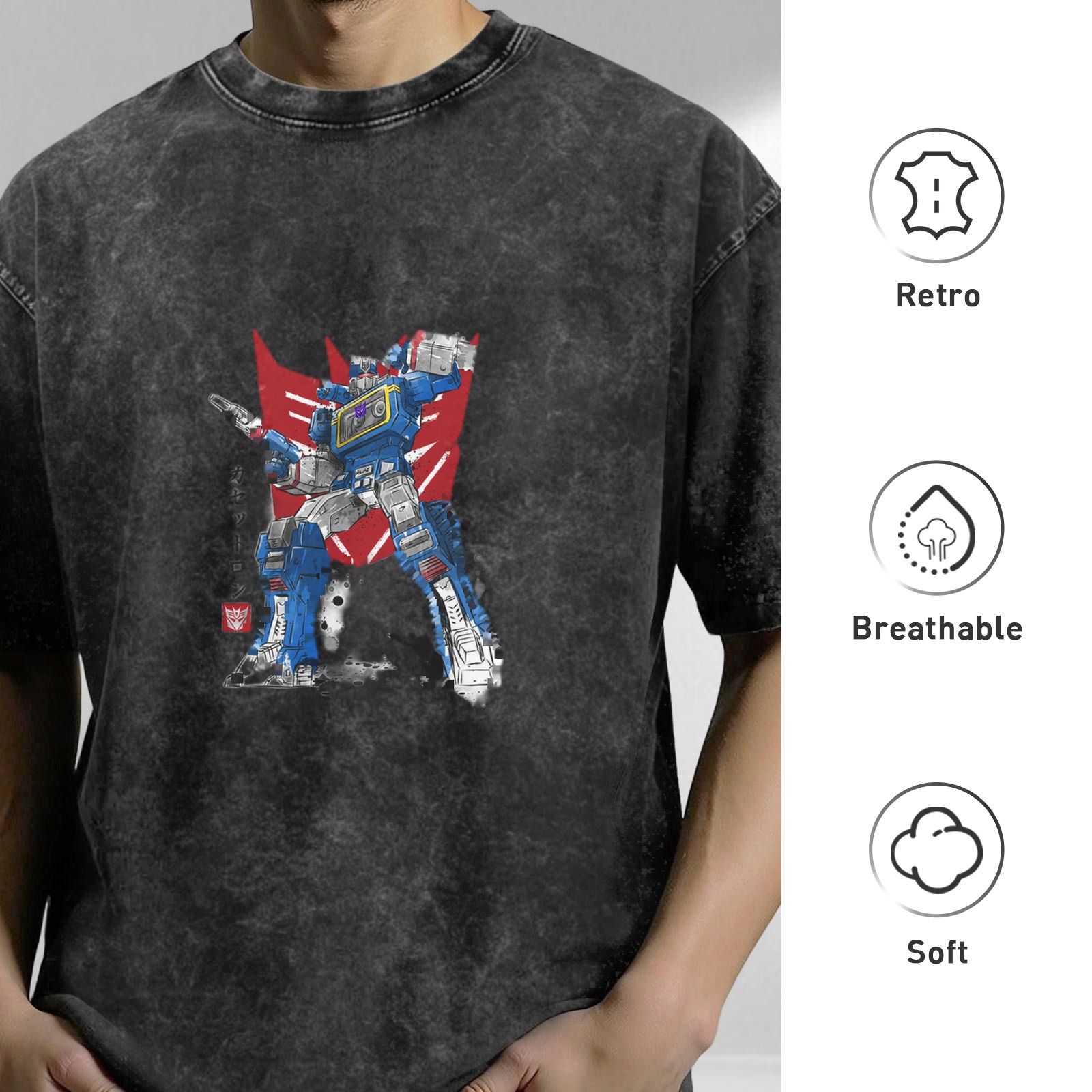 Oversized Washed Black T-shirt with Transformers Soundwave Graphic Print
