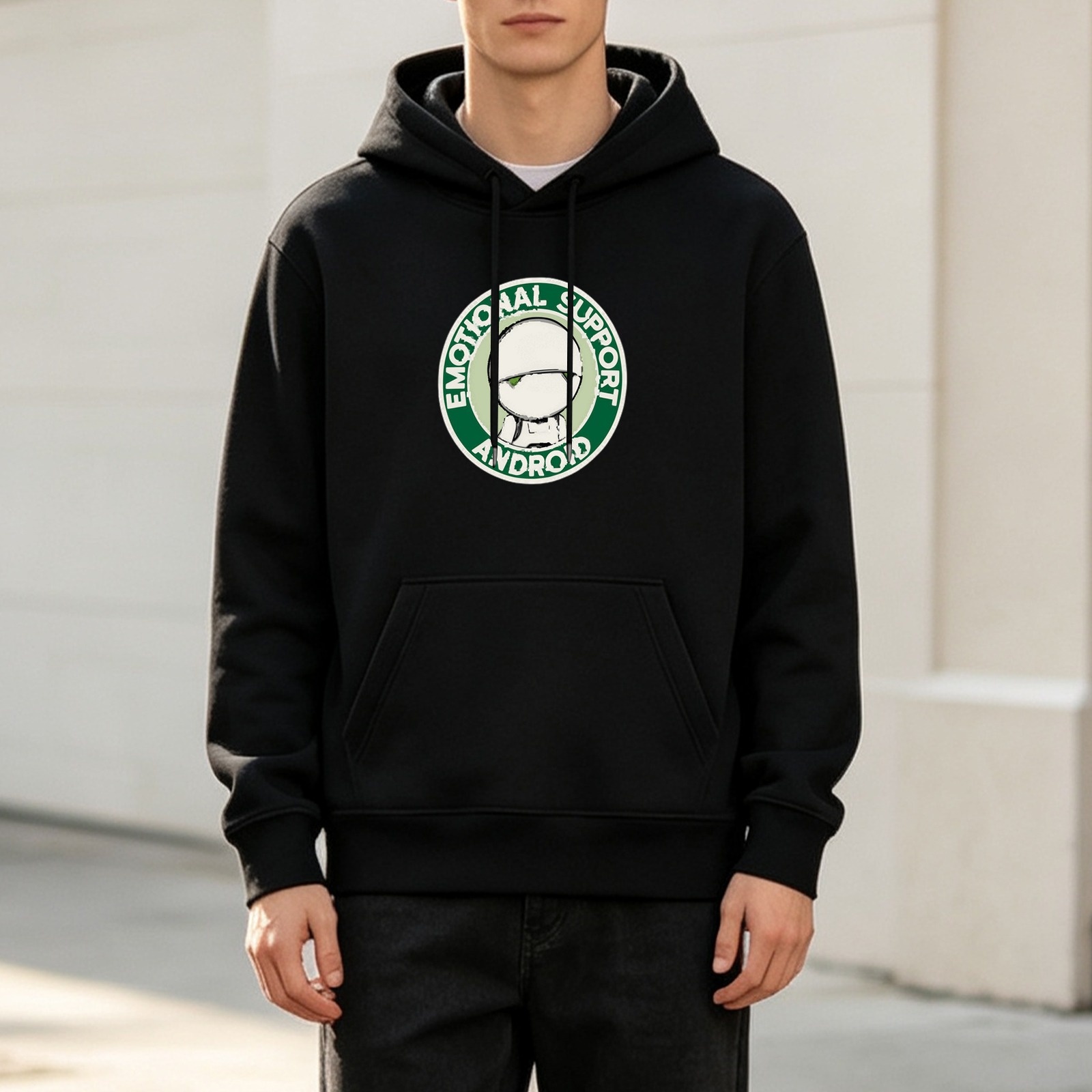 Black hoodie with Emotional Support Android Marvin graphic