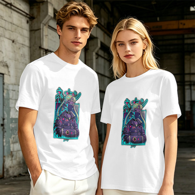 Olive T-shirt with cyberpunk anime character graphic