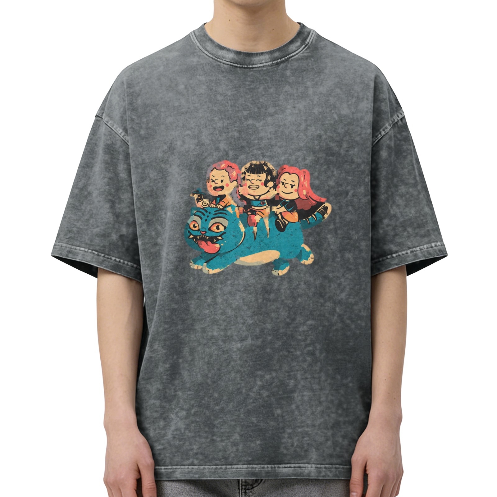 Oversized acid wash t-shirt with cartoon kids riding a blue cat graphic