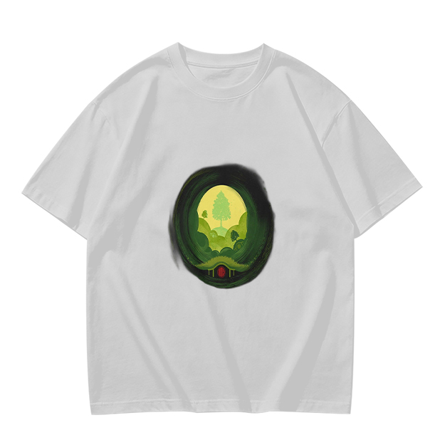 Olive Green T-Shirt with Hobbit Hole Landscape Art Print