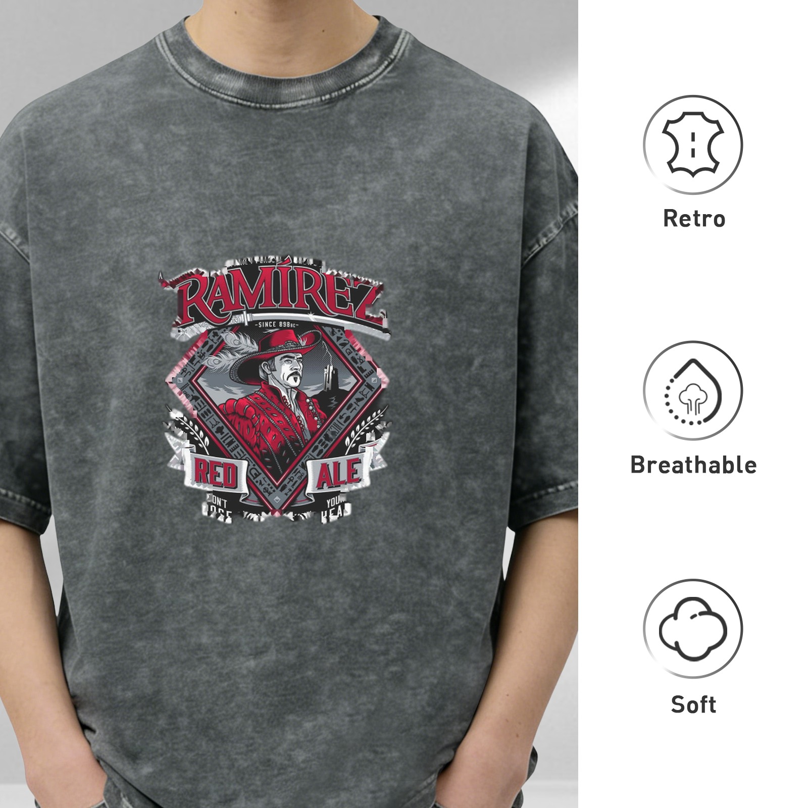 Oversized Acid Wash T-Shirt with Ramirez Red Ale Graphic
