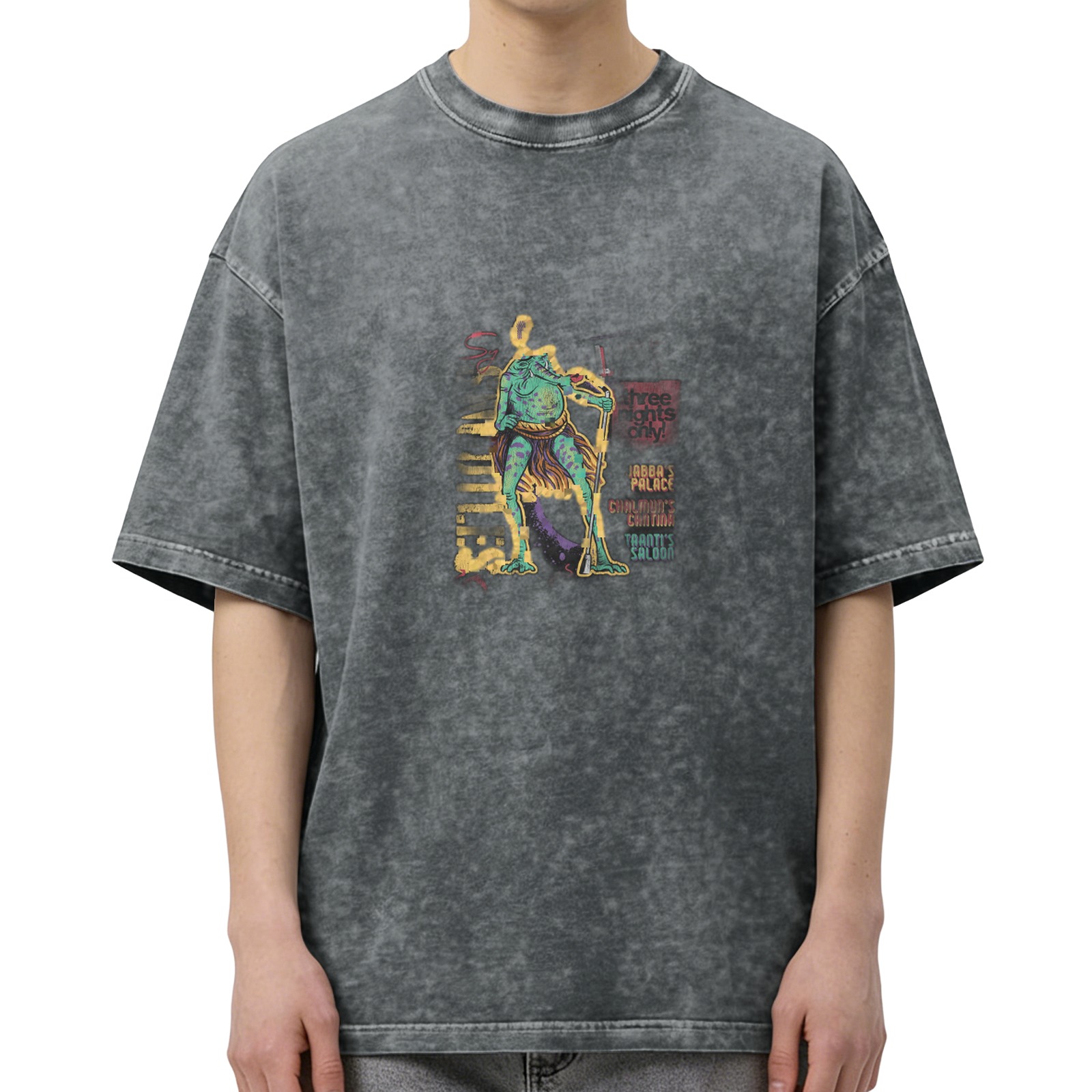 Oversized Acid Wash Graphic T-Shirt with Alien Creature Print