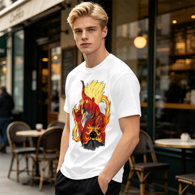 Oni Demon Flame Graphic Olive Green Casual T-Shirt