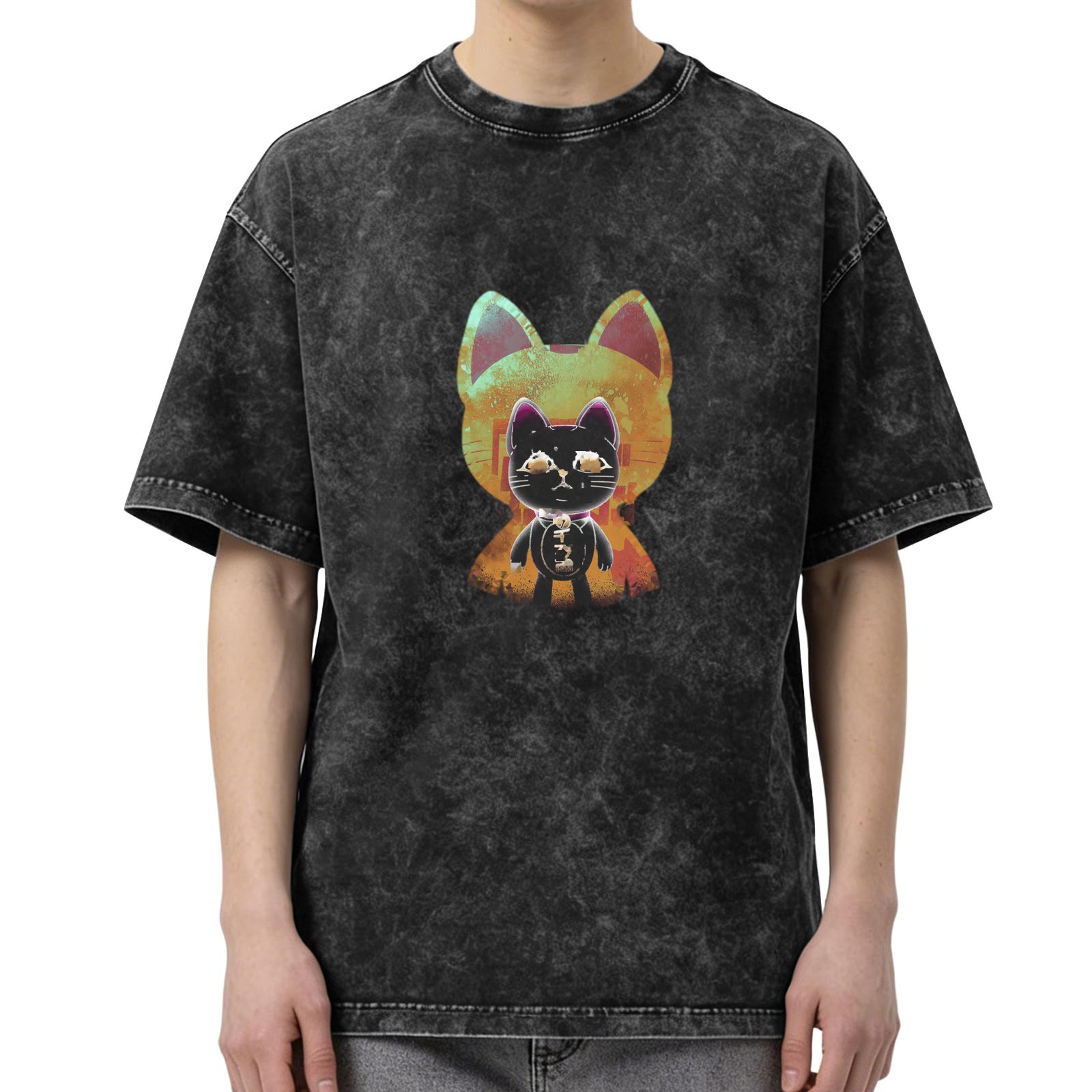 Washed Black T-Shirt With Stylized Cat Graphic Print