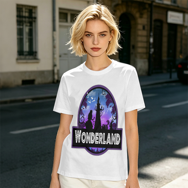 Olive green t-shirt with Wonderland fantasy castle graphic print