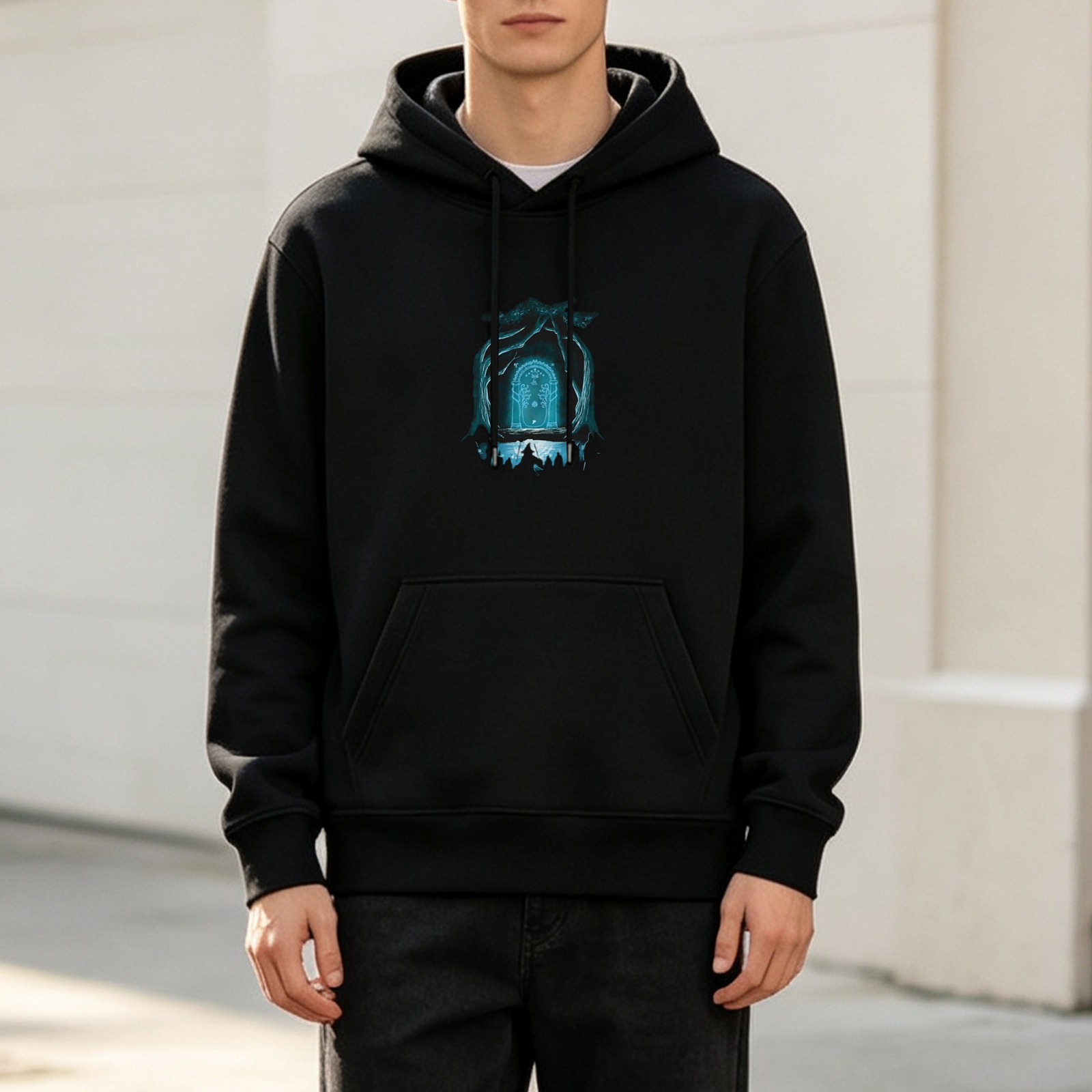 Black Hoodie with Glowing Fantasy Gate Artwork