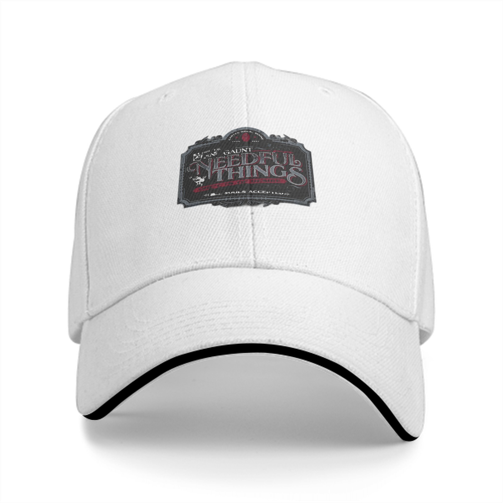 Black baseball cap with Needful Things themed graphic