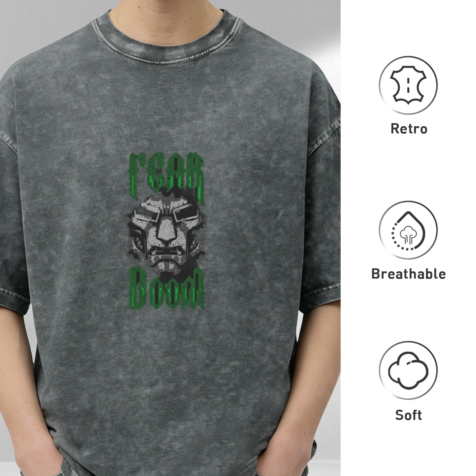 Oversized Acid Wash T-Shirt With Doctor Doom Fear Doom Graphic