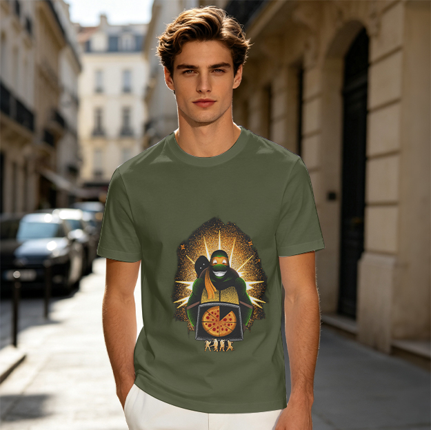 Olive T-shirt with Teenage Mutant Ninja Turtle Pizza Graphic