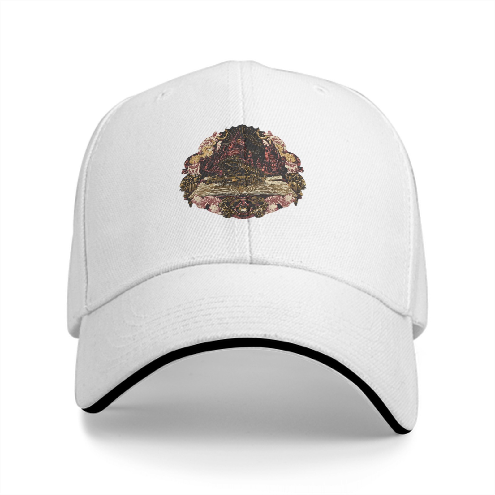 Black baseball cap with magical castle and train graphic