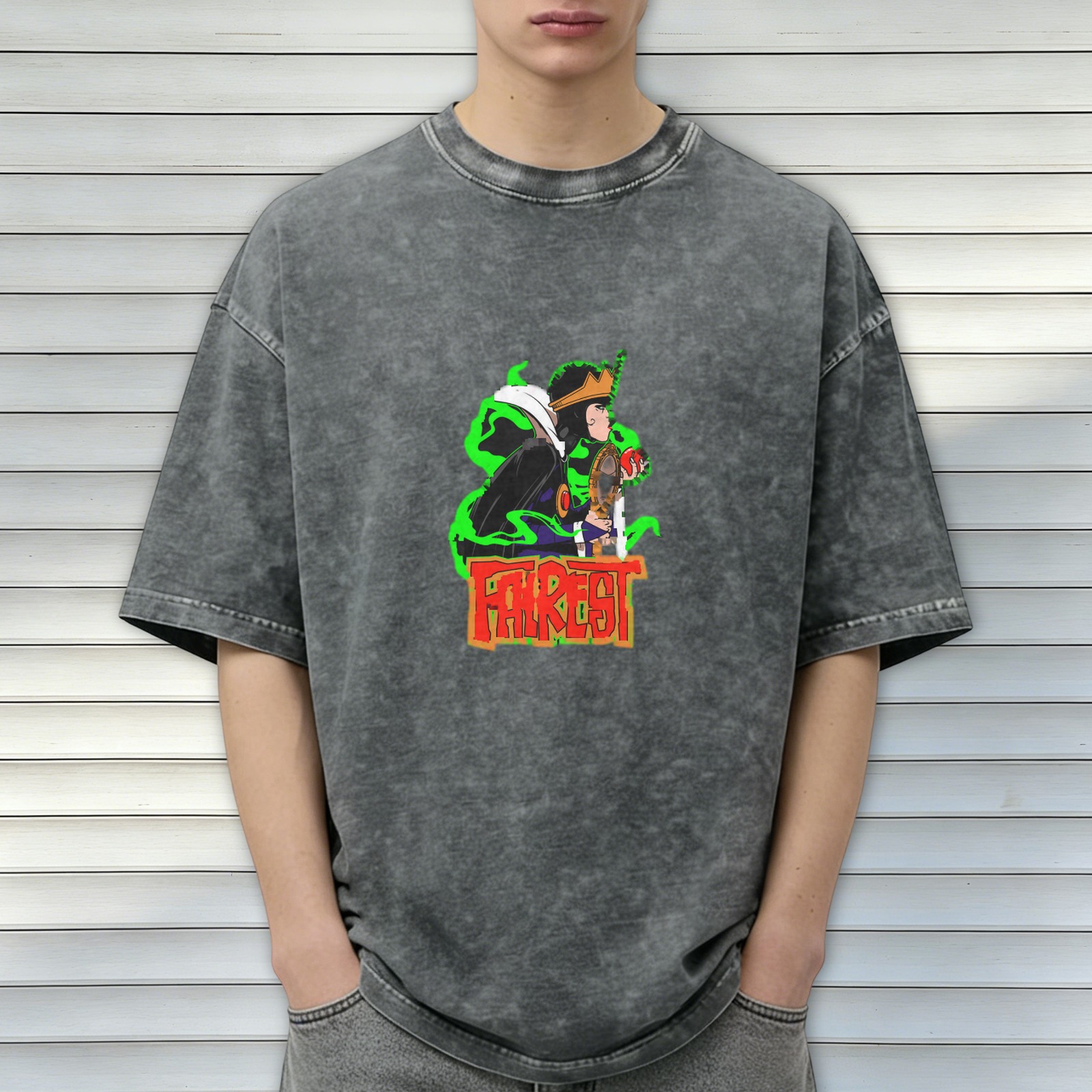 oversized acid wash graphic t-shirt with villain character and fairest text