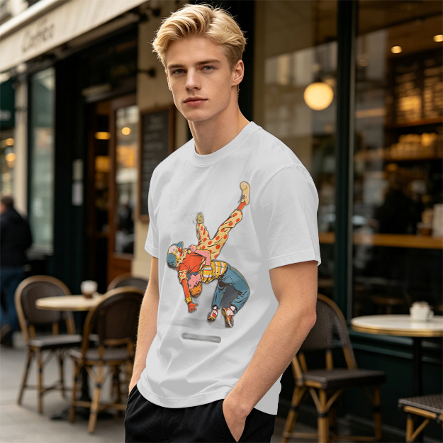 Olive T-Shirt With Clown Wrestling Graphic Print