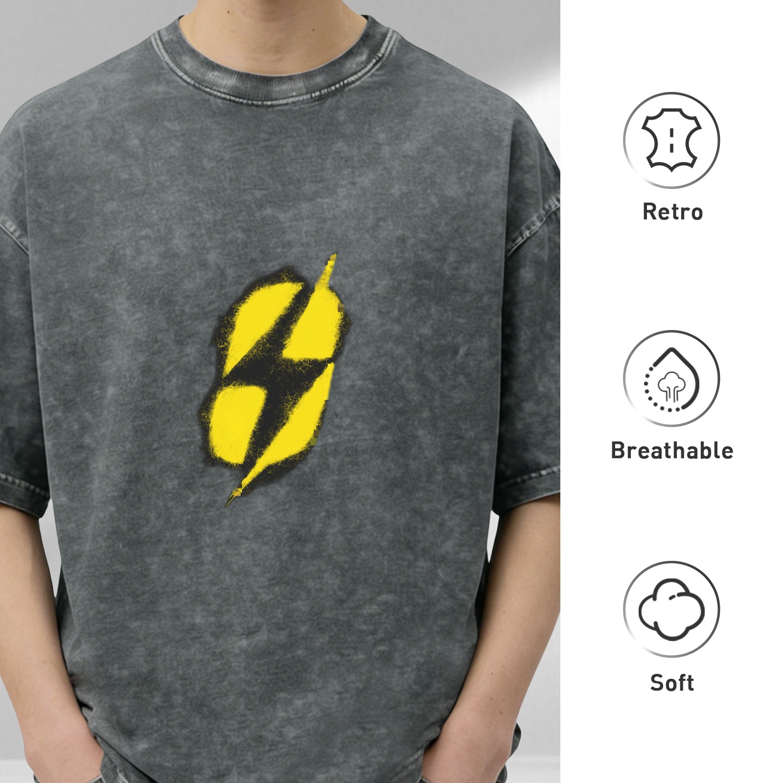 Washed Black T-Shirt With Yellow Lightning Bolt Graphic
