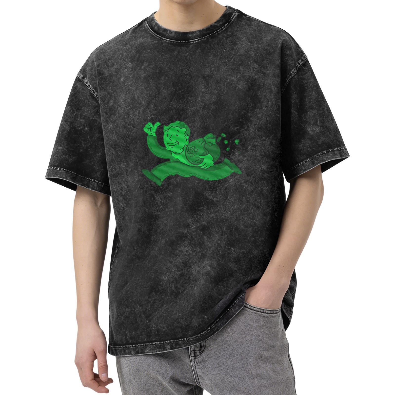 Oversized acid wash t-shirt with green Vault Boy running graphic