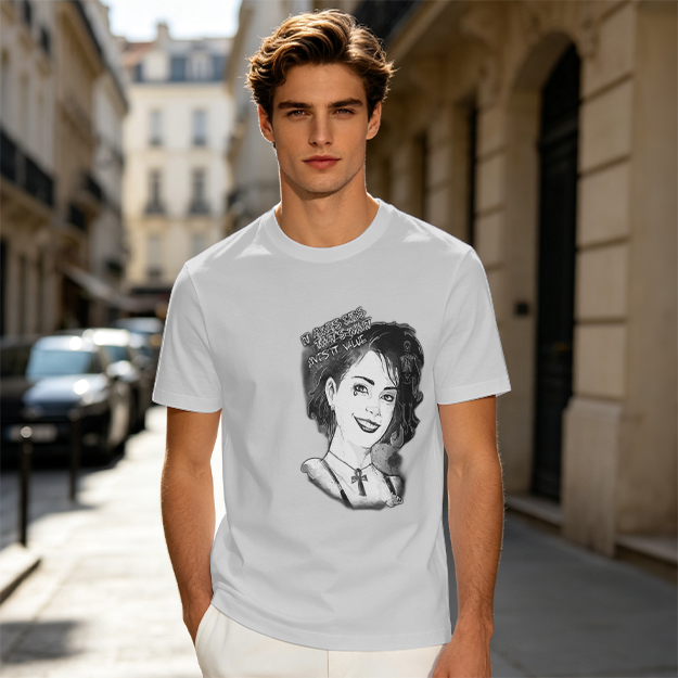 Olive T-Shirt with Black and White Portrait Print