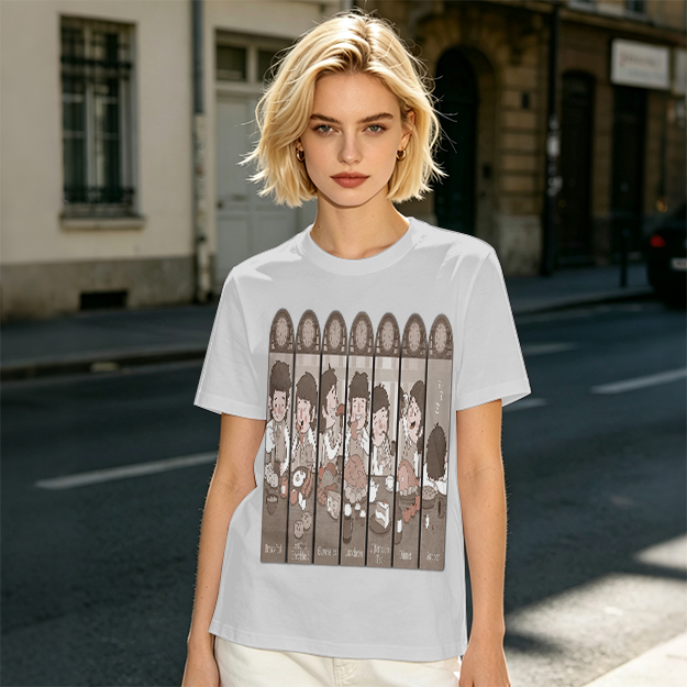 Olive green t-shirt with cartoon medieval feast scene print
